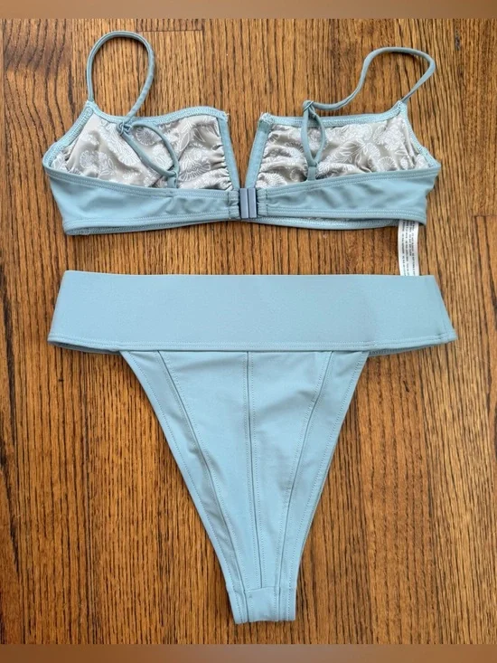 Free People V-Neck Top & Dylan High Waist Bottom in Slate Blue Bikini Swim Set - Picture 6 of 8